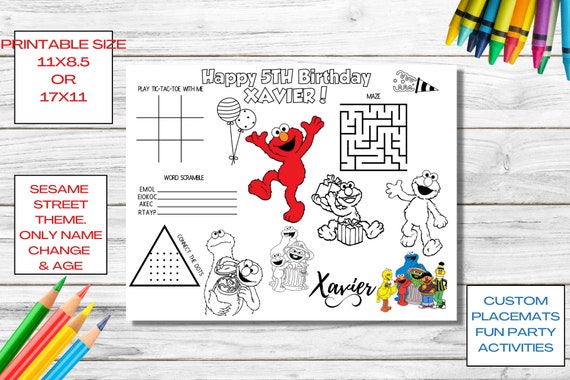 Printable elmo sesame street birthday kids activity place mat birthday cake coloring sheets birthday fun activity page printable