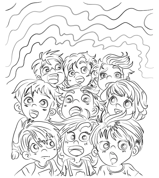 Premium vector vector coloring page surprised little girls and boys