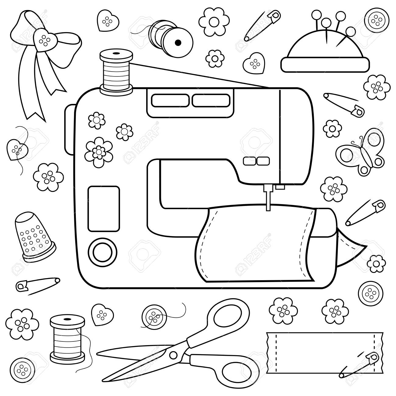 Sewing project tools and equipment coloring book page royalty free svg cliparts vectors and stock illustration image