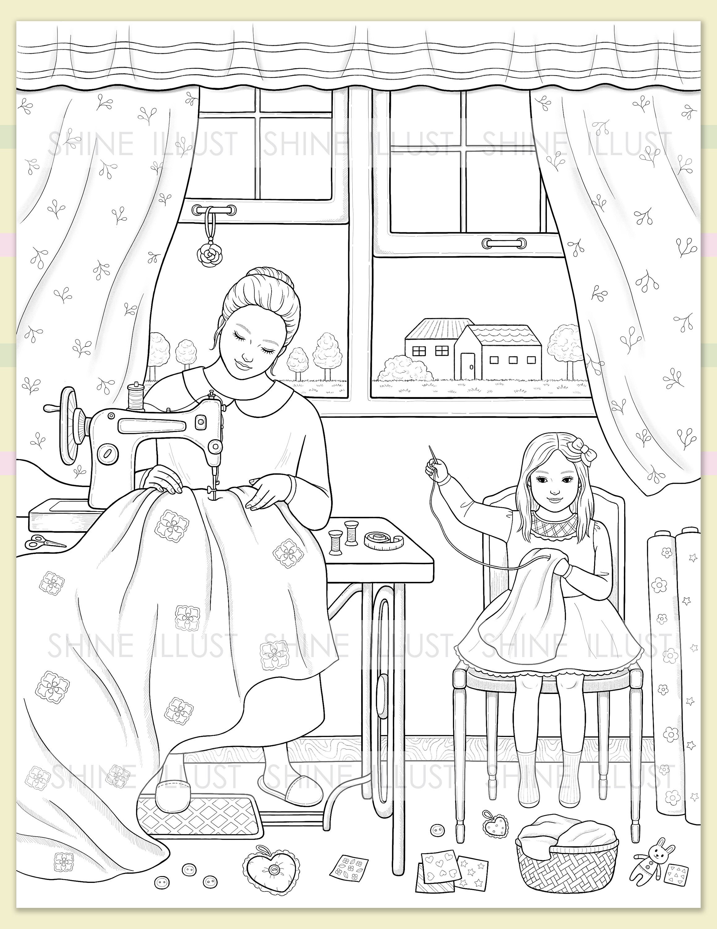 Making clothes printable coloring page sewing machine mom and daughter sewing coloring sheet fabric coloring instant download