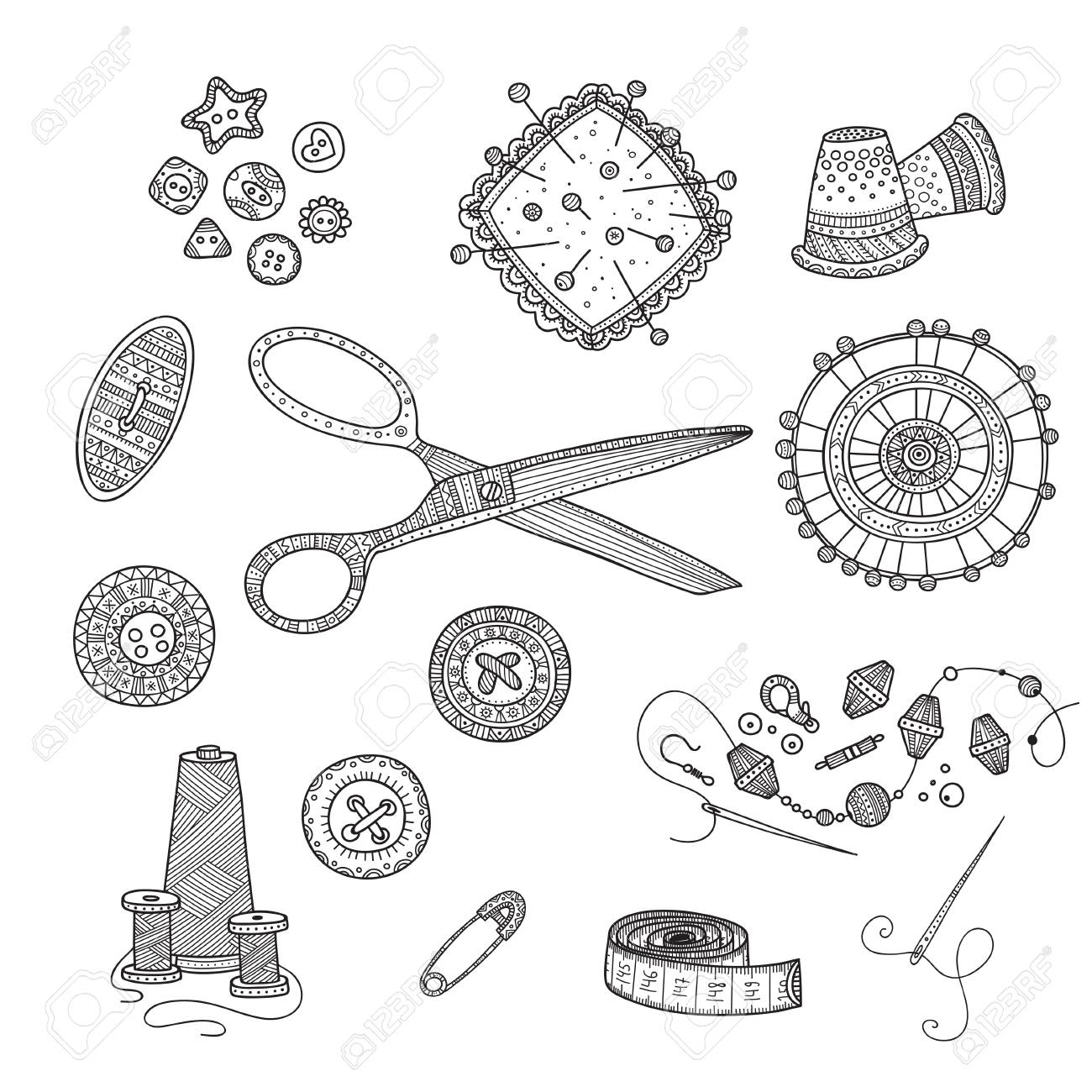 Vector illustration of needlework sewing tools can be used as a sticker icon logo design template coloring page royalty free svg cliparts vectors and stock illustration image