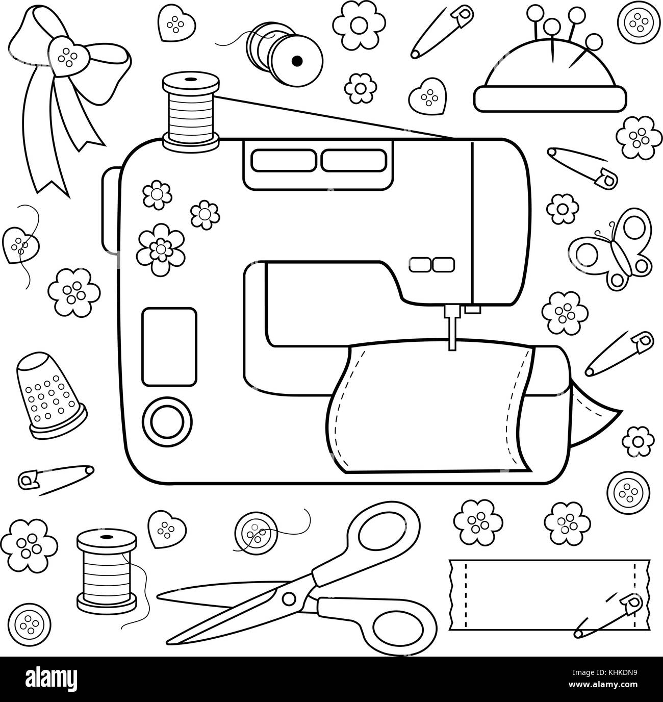 Sewing project tools and equipment coloring book page stock vector image art