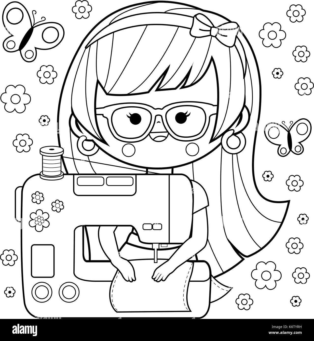 Woman seamstress using her sewing machine coloring book page stock vector image art