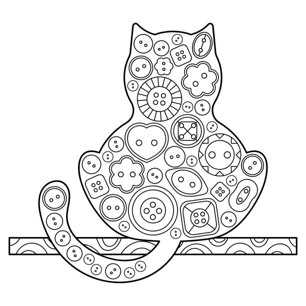 Cat coloring book for adults and older children decorative cat handdrawn vector illustrations decorated with decorative buttons for sewing stock illustration