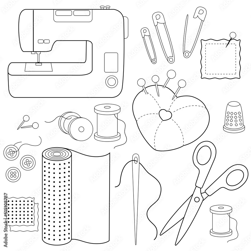 Sewing tools and tailor needlework accessories vector black and white coloring page vector