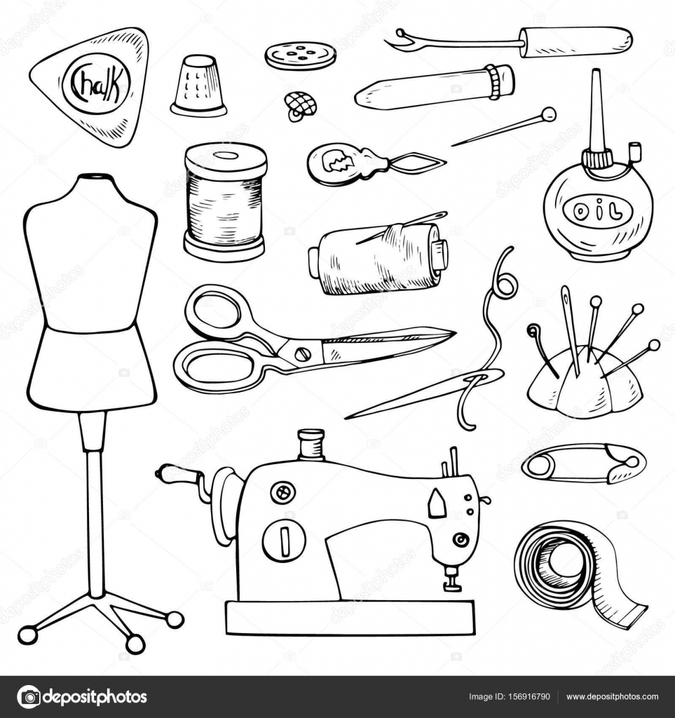 Sewing accessories set of vector tailor icons isolated on white design elementpage for coloring book stock vector by lenaart