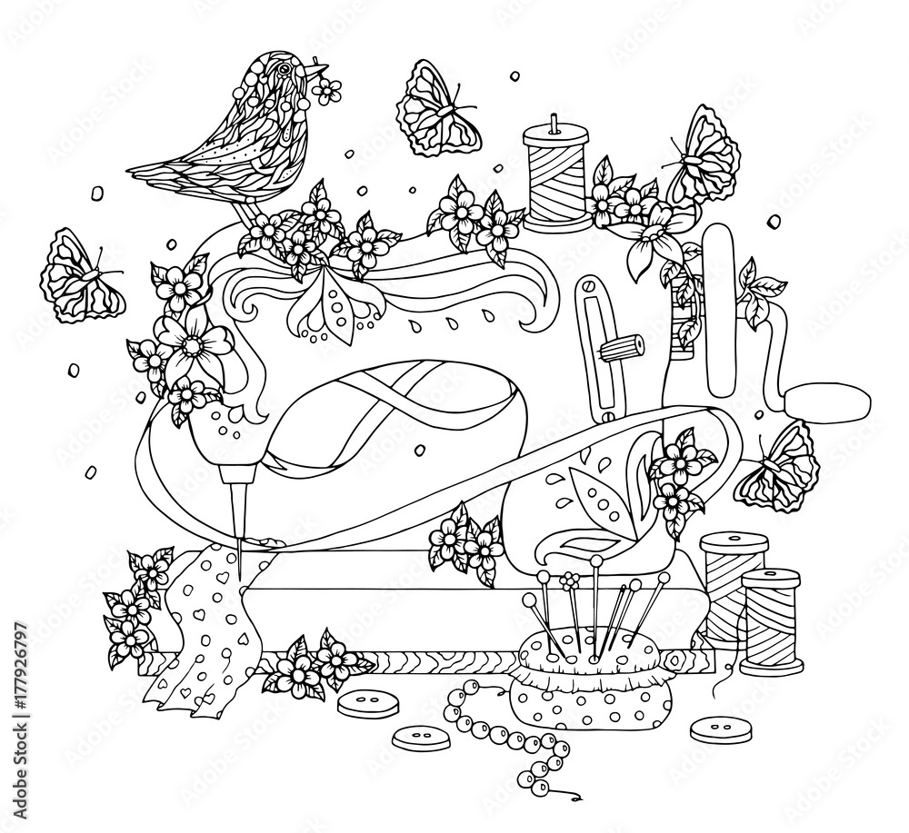 Sewing machine covered with flowers and bird on it beautiful coloring page vector illustration vector