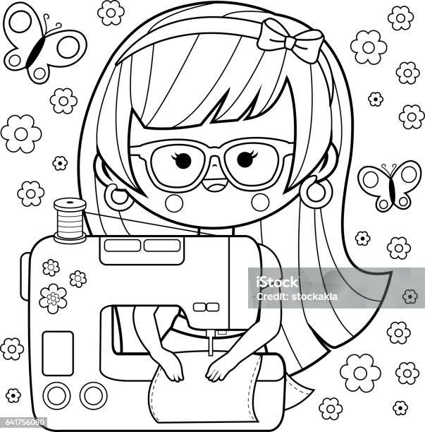 Woman seamstress using her sewing machine coloring book page stock illustration