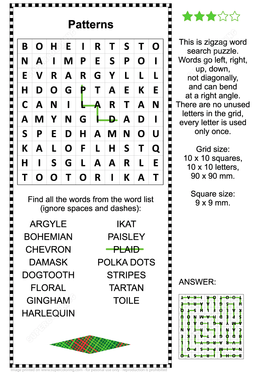 Patterns and fabric prints zigzag word search puzzle for adults free printable puzzle games