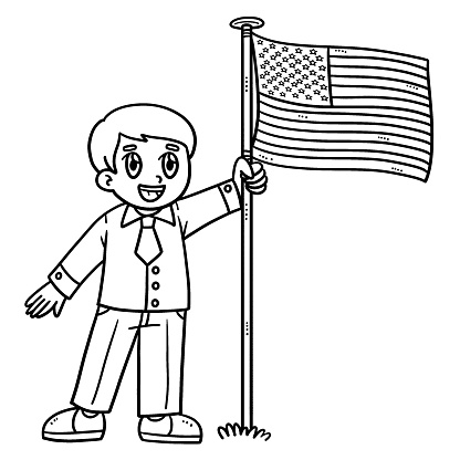 Vetores de desenhos de crianãas segurando bandeira dos eua isolados para colorir e mais imagens de bandeira norte