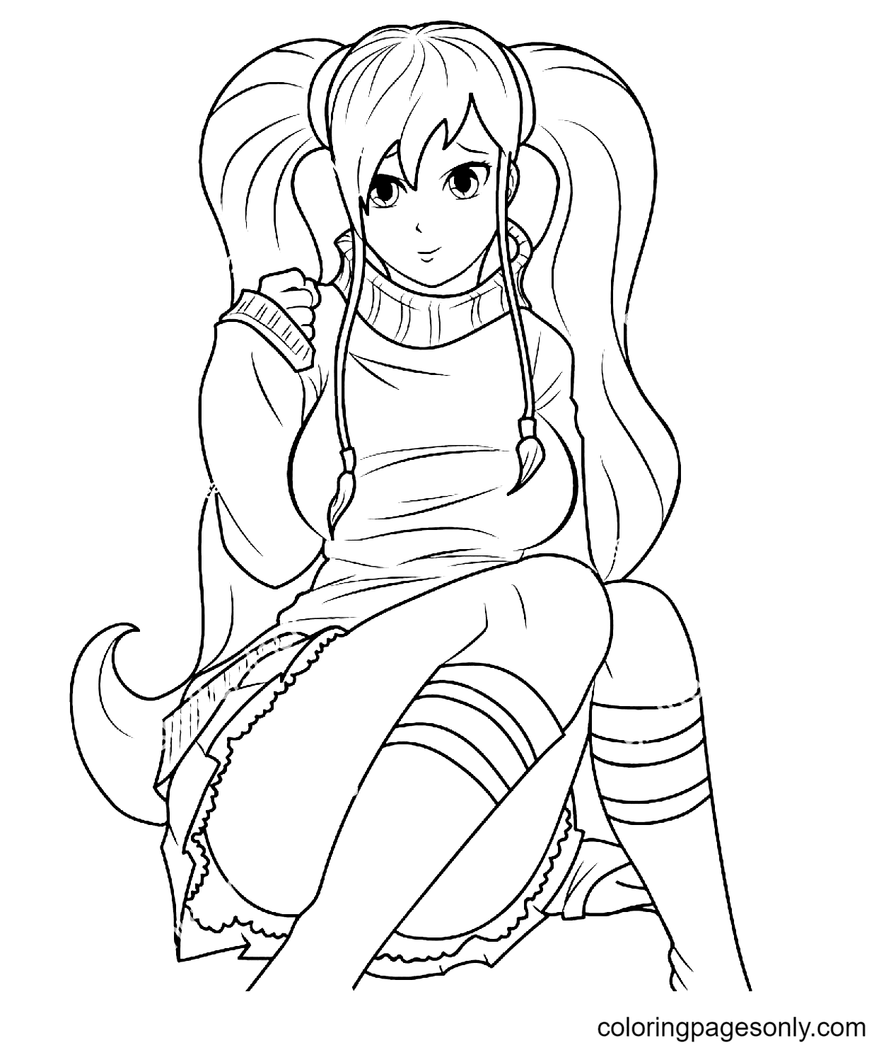 Long hair anime girl coloring pages printable for free download