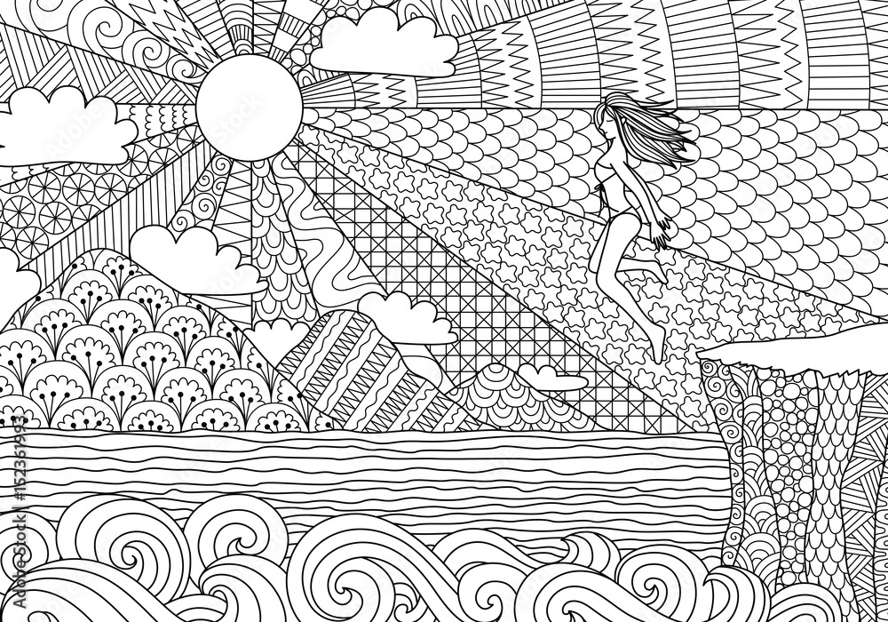 Sexy bikini girl jump into the sea for adult coloring book page and illustration vector vector