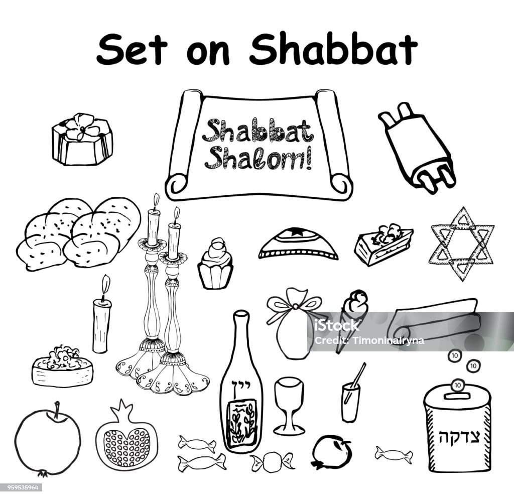 A set of graphic black and white elements on the jewish holiday shabbat doodle lettering hand draw sketch vector illustration on isolated background stock illustration