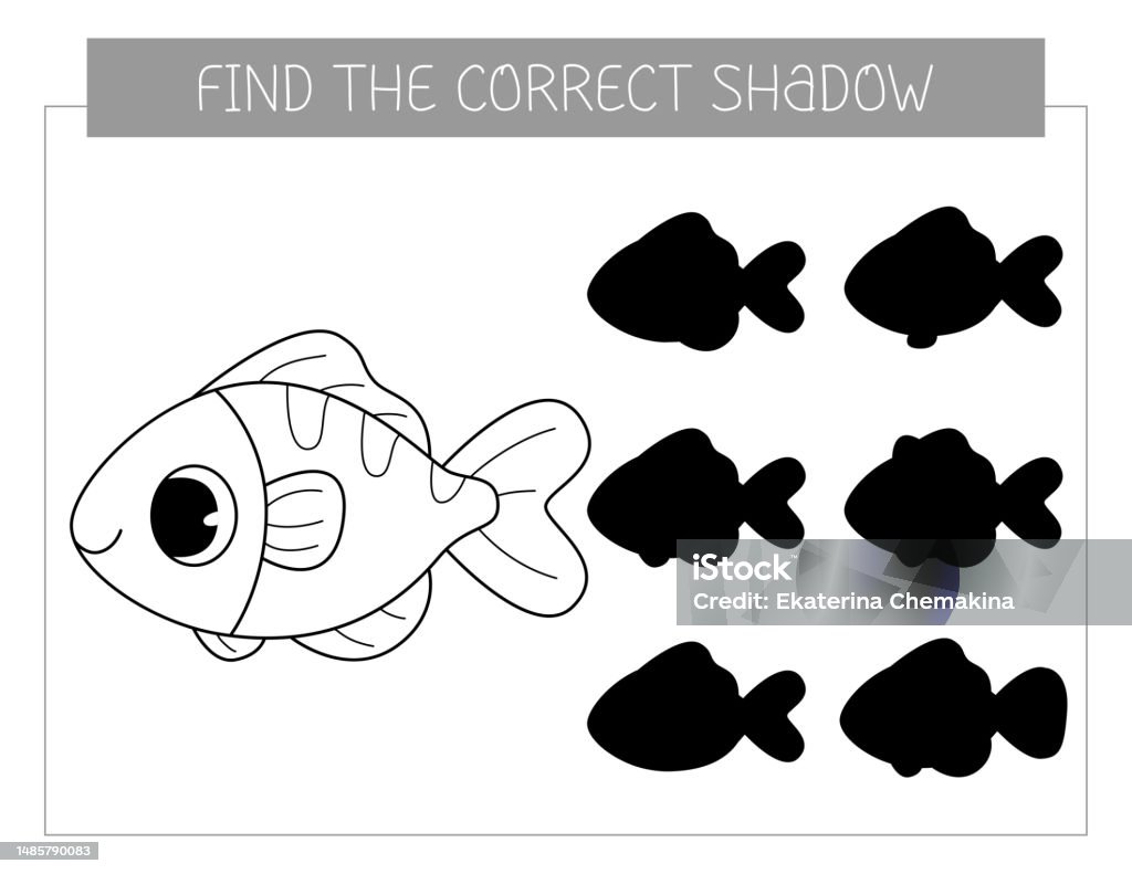 Find the correct shadow coloring book with fish coloring page educational game for kids cute cartoon fish shadow matching game stock illustration