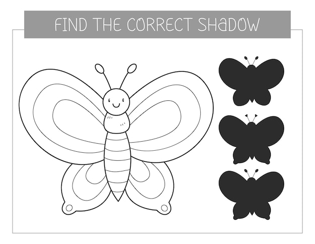 Premium vector find the correct shadow coloring book with a butterfly coloring page educational game for kids