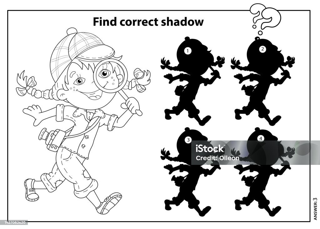 Puzzle game for kids find correct shadow coloring page outline of a cartoon girl detective with loupe coloring book for children stock illustration