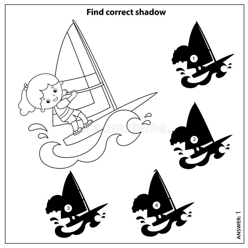 Puzzle game for kids find correct shadow coloring page outline of cartoon surfer on waves windsurfing stock vector