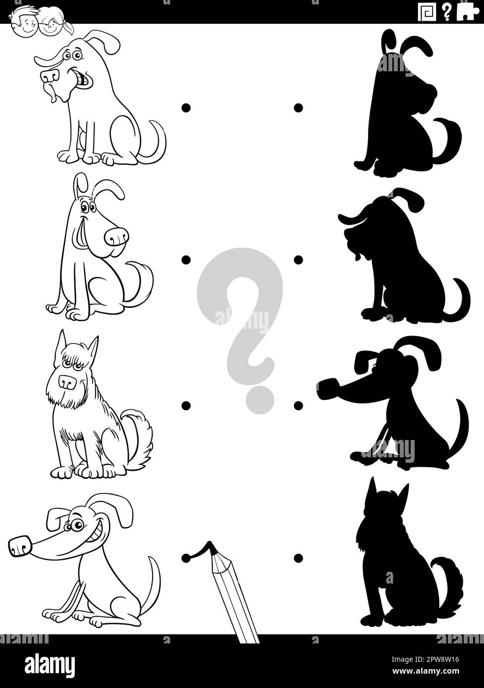 Shadow game for kids with cartoon dogs coloring page stock vector image art