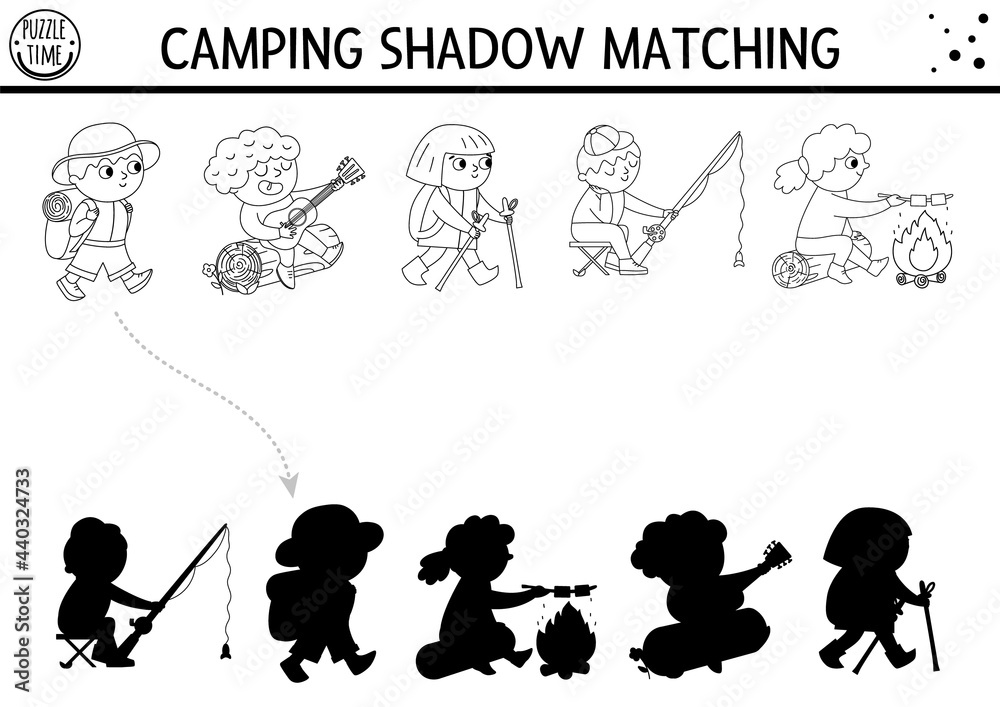 Vecteur black and white summer camp shadow matching activity with cute children family nature trip outline puzzle with hiking kids find the correct silhouette printable worksheet or coloring page