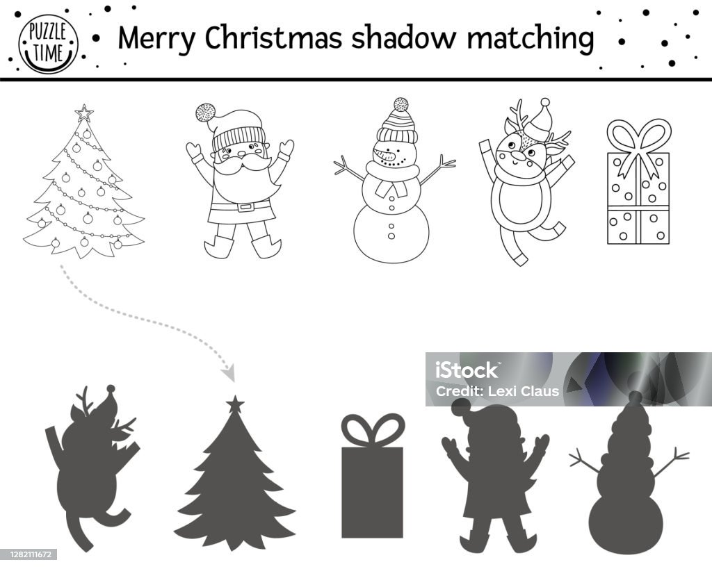 Christmas black and white shadow matching activity for children winter coloring page educational game for kids with cute snowman deer santa find the correct silhouette worksheet stock illustration