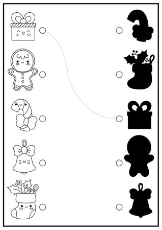 Christmas black and white shadow matching activity winter holiday puzzle with cute kawaii present gingerbread man find correct silhouette printable worksheet new year coloring page for kids ù ùùø øªøµù ùù ù