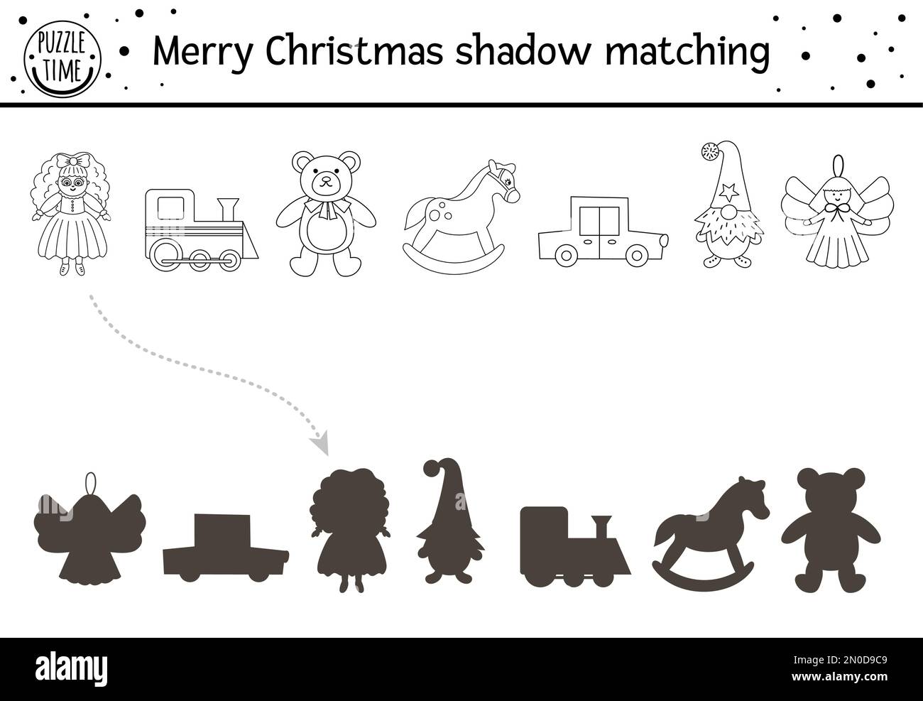Christmas black and white shadow matching activity for children winter coloring page with cute toys educational game for kids with doll and teddy be stock vector image art