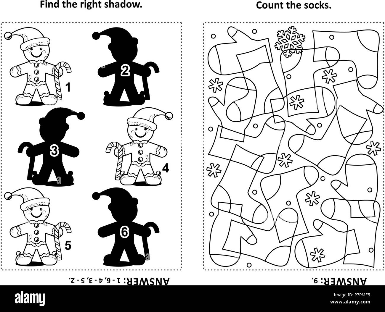 Two visual puzzles and coloring page for kids find the right shadow for each picture of ginger man count the socks black and white stock vector image art
