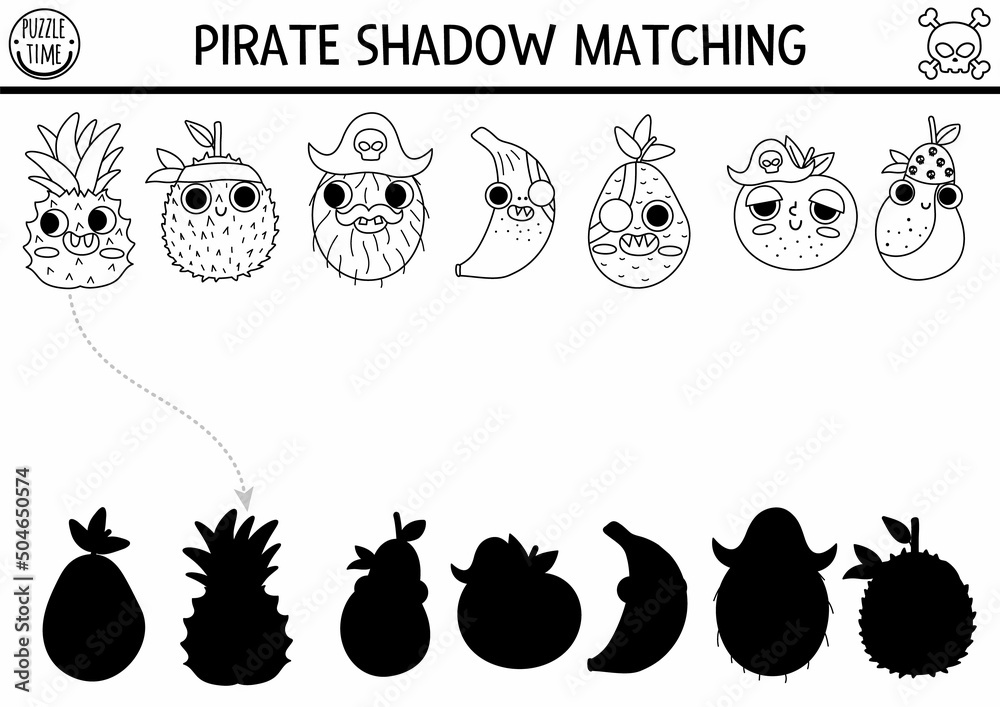 Vektorovã grafika âblack and white pirate shadow matching activity treasure island hunt line puzzle with cute fruit pirates find correct silhouette printable worksheet sea adventures coloring page for kidsâ ze sluåby