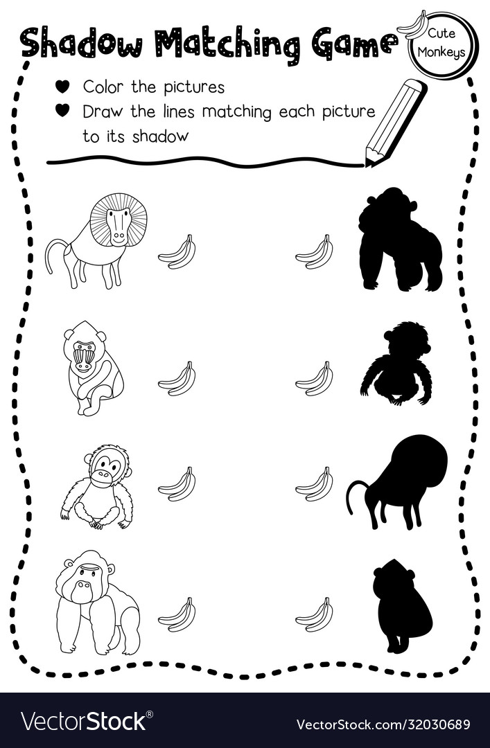 Shadow matching game monkey animal coloring page vector image