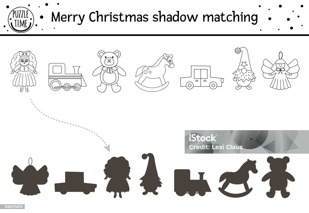 Christmas black and white shadow matching activity for children winter coloring page with cute toys educational game for kids with doll and teddy bear find the correct silhouette printable worksheet stock illustration