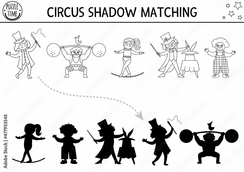 Circus black and white shadow matching activity with cute performers amusement puzzle with artists find correct silhouette printable worksheet or game entertainment coloring page vector