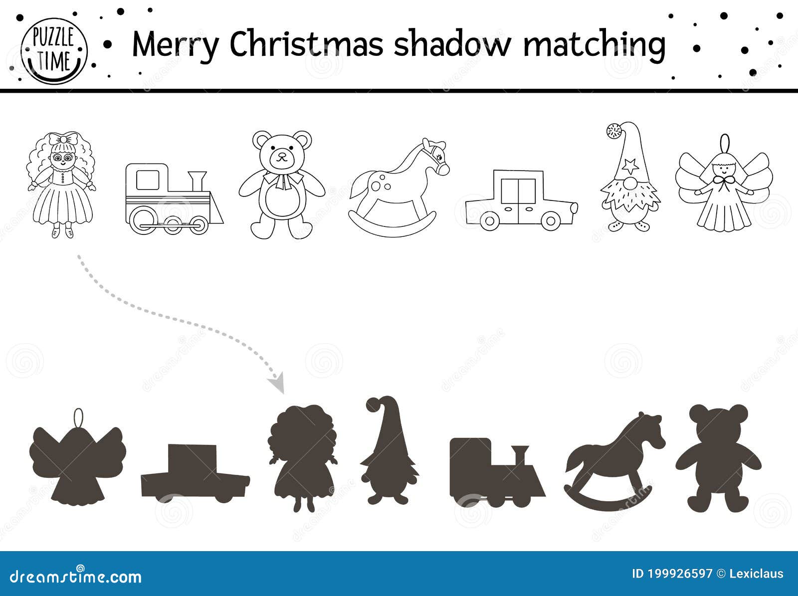 Christmas black and white shadow matching activity for children winter coloring page with cute toys stock vector