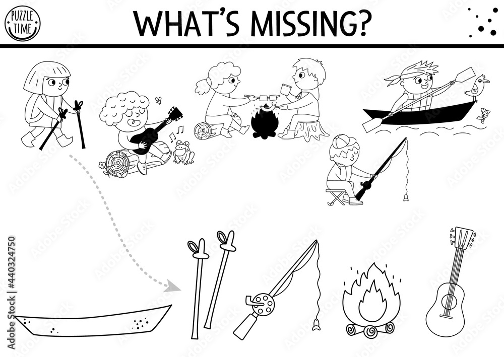 Black and white summer camp shadow matching activity family road trip outline puzzle with hiking kids find the correct silhouette printable worksheet or coloring page whats missing vector