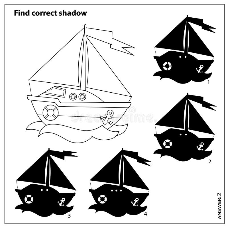 Puzzle game for kids find correct shadow coloring page outline of cartoon sail ship stock vector