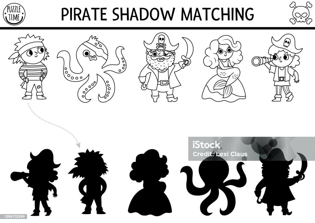 Pirate black and white shadow matching activity treasure island hunt line puzzle with cute pirates mermaid octopus find correct silhouette worksheet sea adventures coloring page for kids stock illustration