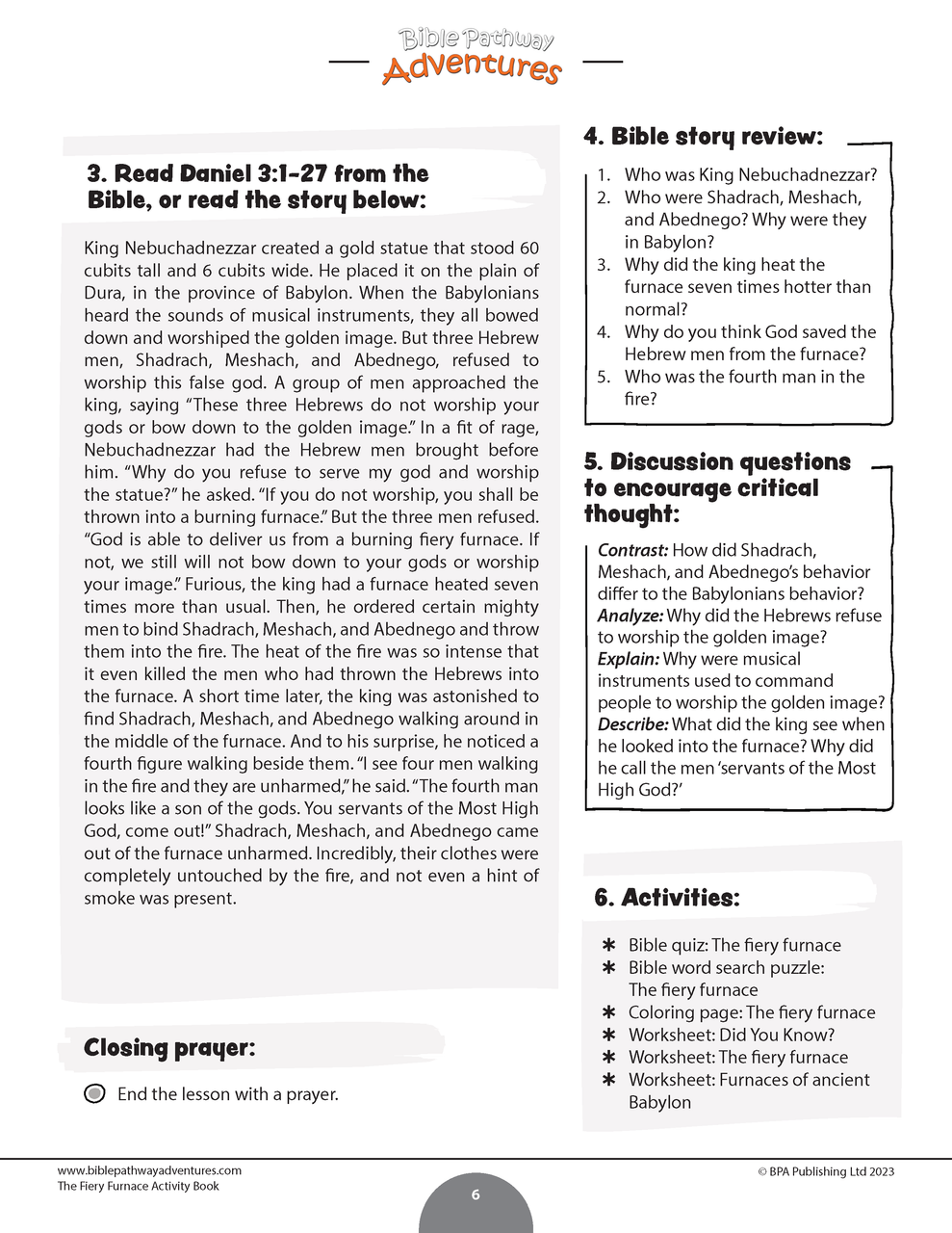 Miracles of the bible fiery furnace workbook