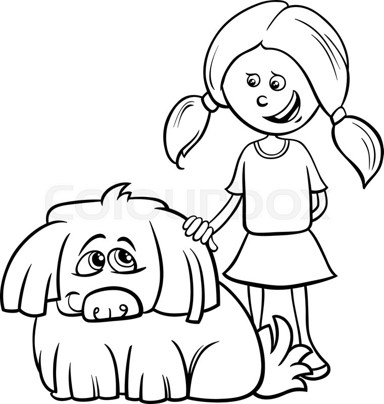 Girl with shaggy dog cartoon coloring book stock vector