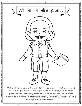 William shakespeare coloring page craft worksheet notes activity