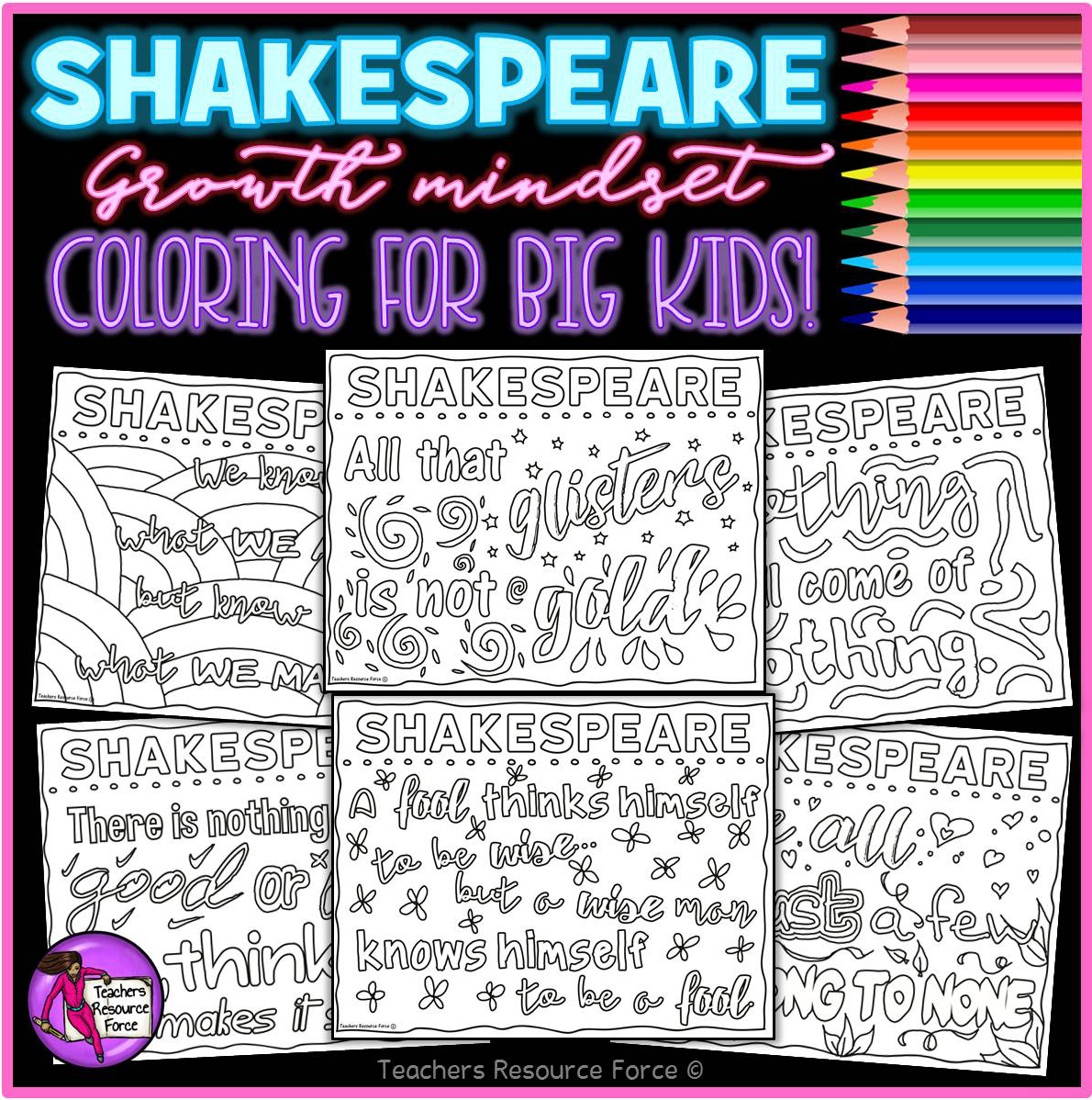 Growth mindset colouring pages posters inspirational quotes by shakespeare