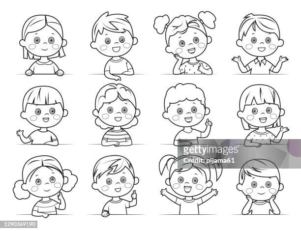 Coloring page boys and girls collection multiethnic group of happy children different cartoon faces icons high