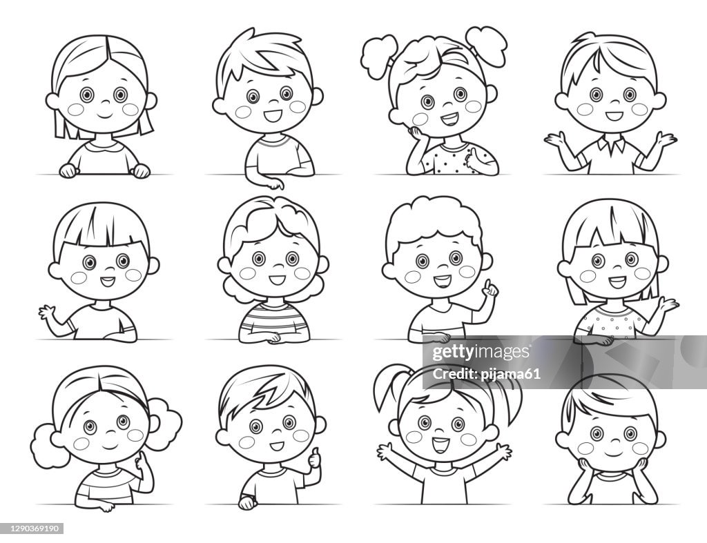 Coloring page boys and girls collection multiethnic group of happy children different cartoon faces icons high
