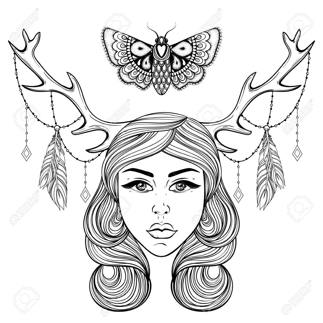 Beautiful girl with boho deers horns like shaman vector forest nymph woman for adult coloring pages spirituality occultism symbol tattoo hand drawn ethnic t