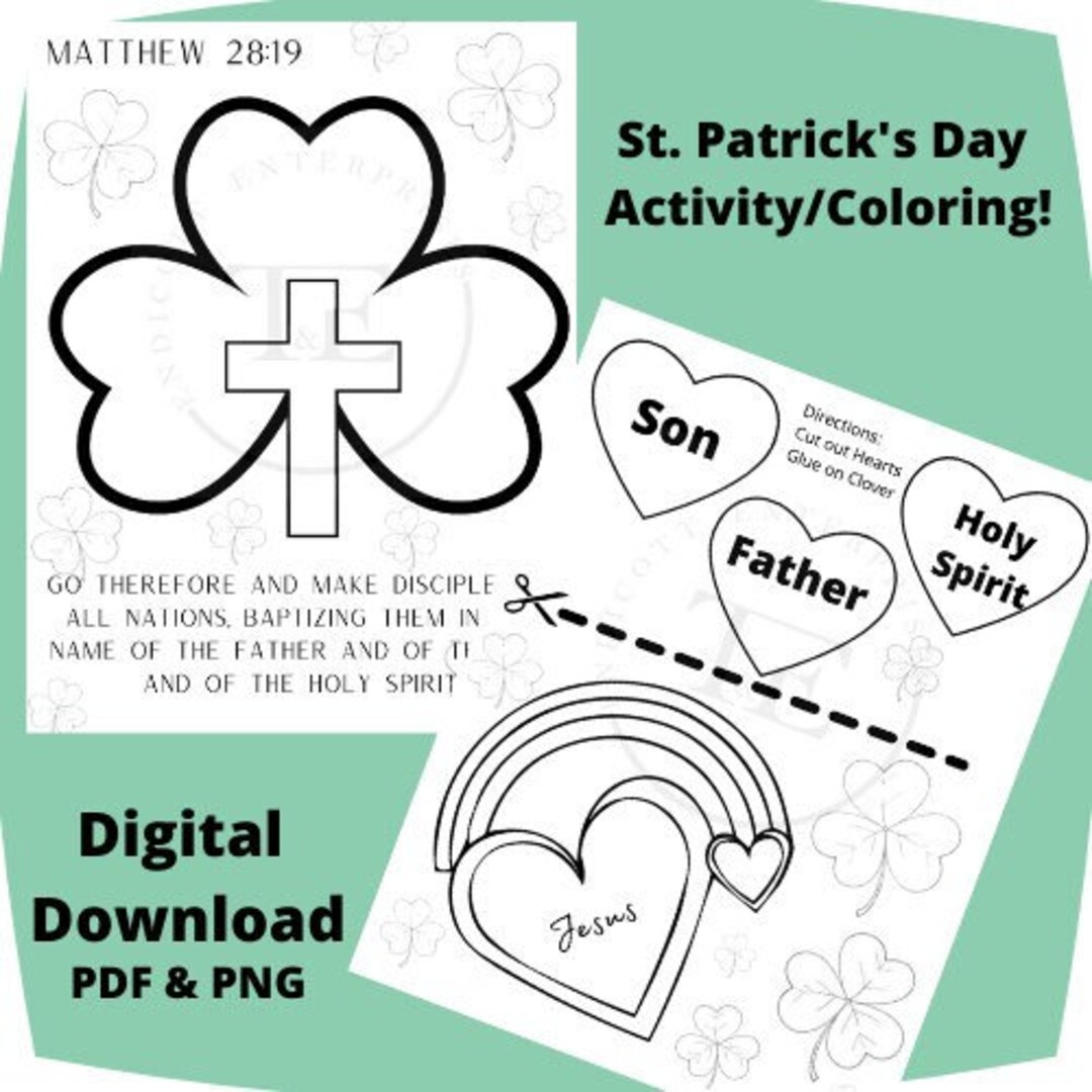 St patricks day christian activity coloring pages two father son holy spirit clover shamrock digital download printable
