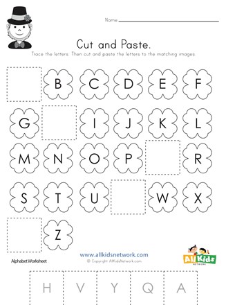St patricks day cut and paste missing letters worksheet all kids network
