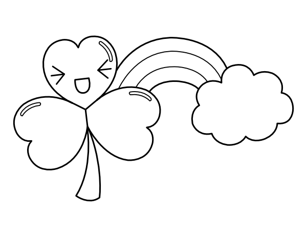 Printable kawaii shamrock with rainbow and cloud coloring page