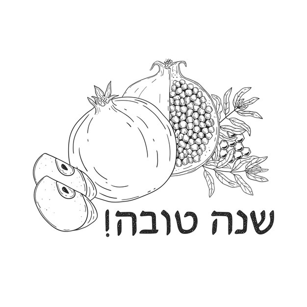 Premium vector jewish new year rosh hashanah postcard with hand drawn pomegranate apple pieces honeybs