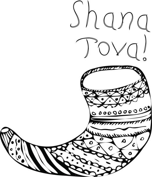 Black shofar on rosh hashanah the jewish new year shana tova hebrew doodle hand draw vector illustration on isolated background stock illustration