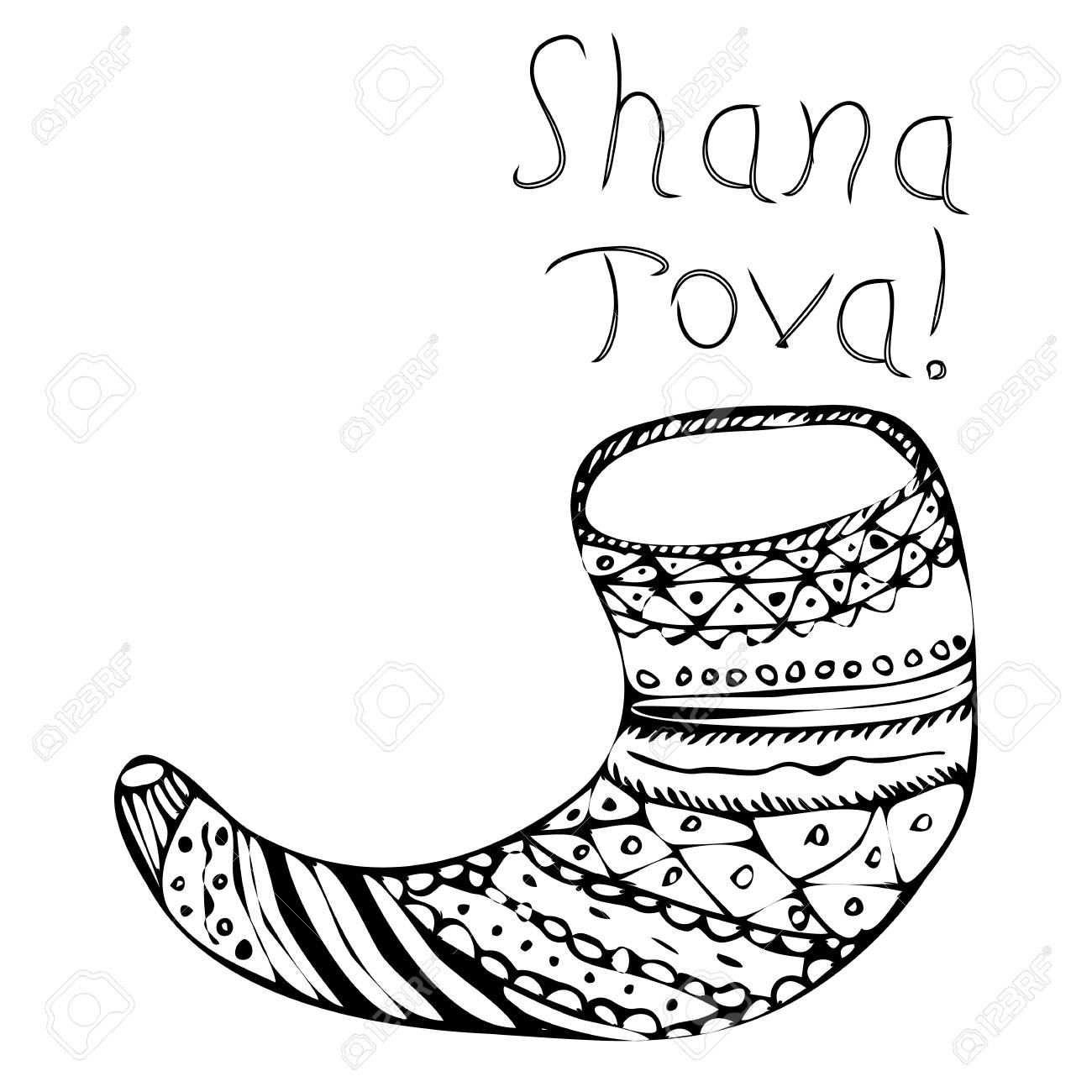 Black shofar on rosh hashanah the jewish new year shana tova hebrew doodle hand draw vector illustration on isolated background royalty free svg cliparts vectors and stock illustration image