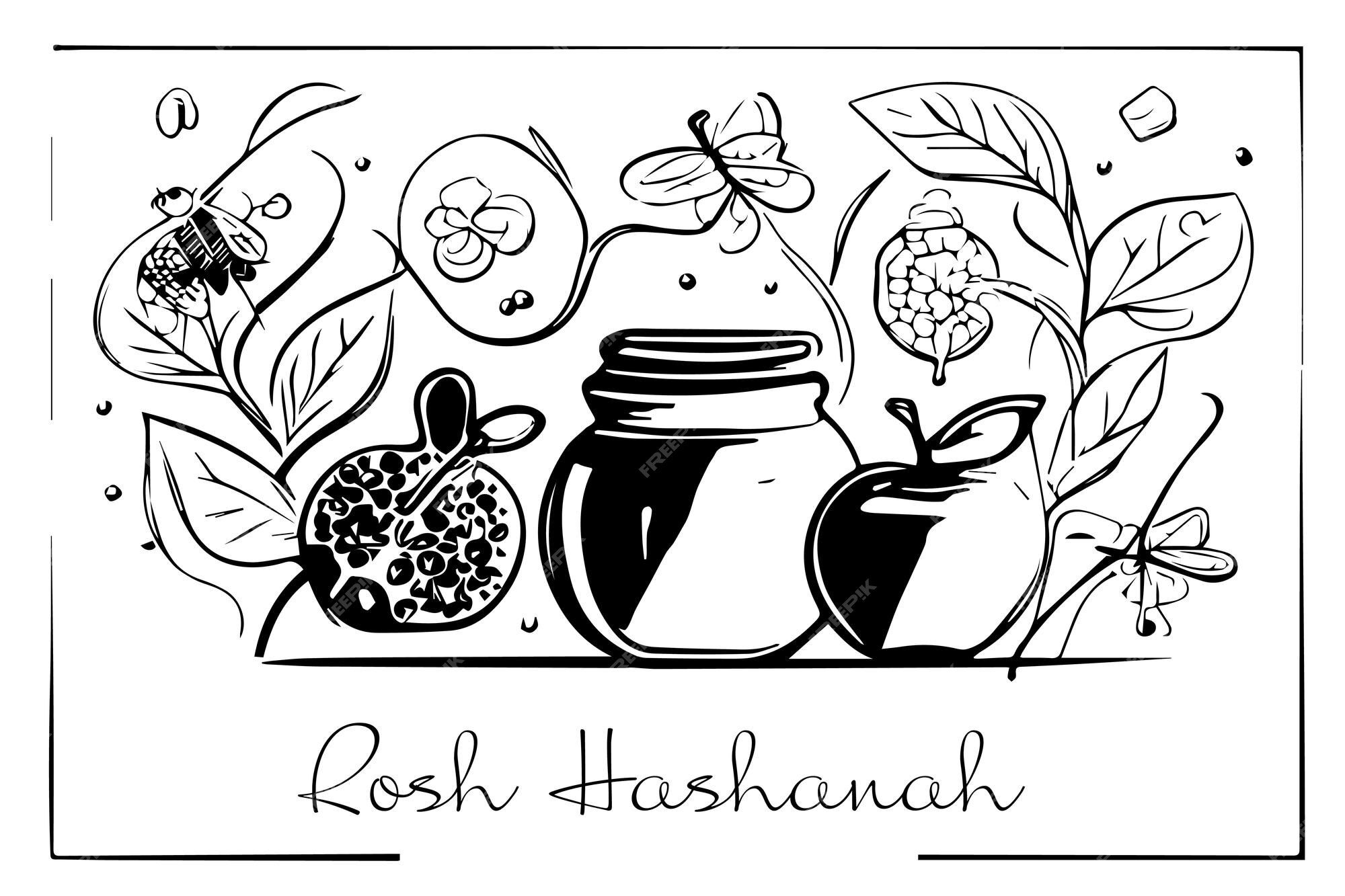 Premium vector sketch rosh hashanah greeting card shana tova jewish new year holiday honey jar apple and