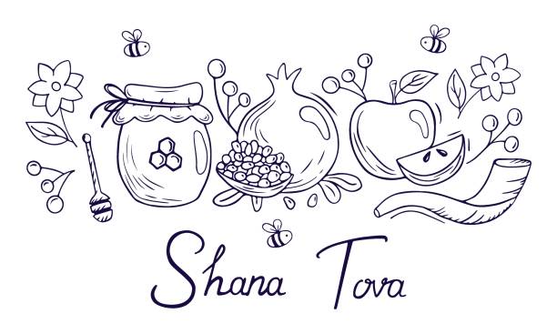 Rosh hashanah card design with apple honey pomegranate and bees on white background in doodle style vector stock illustration